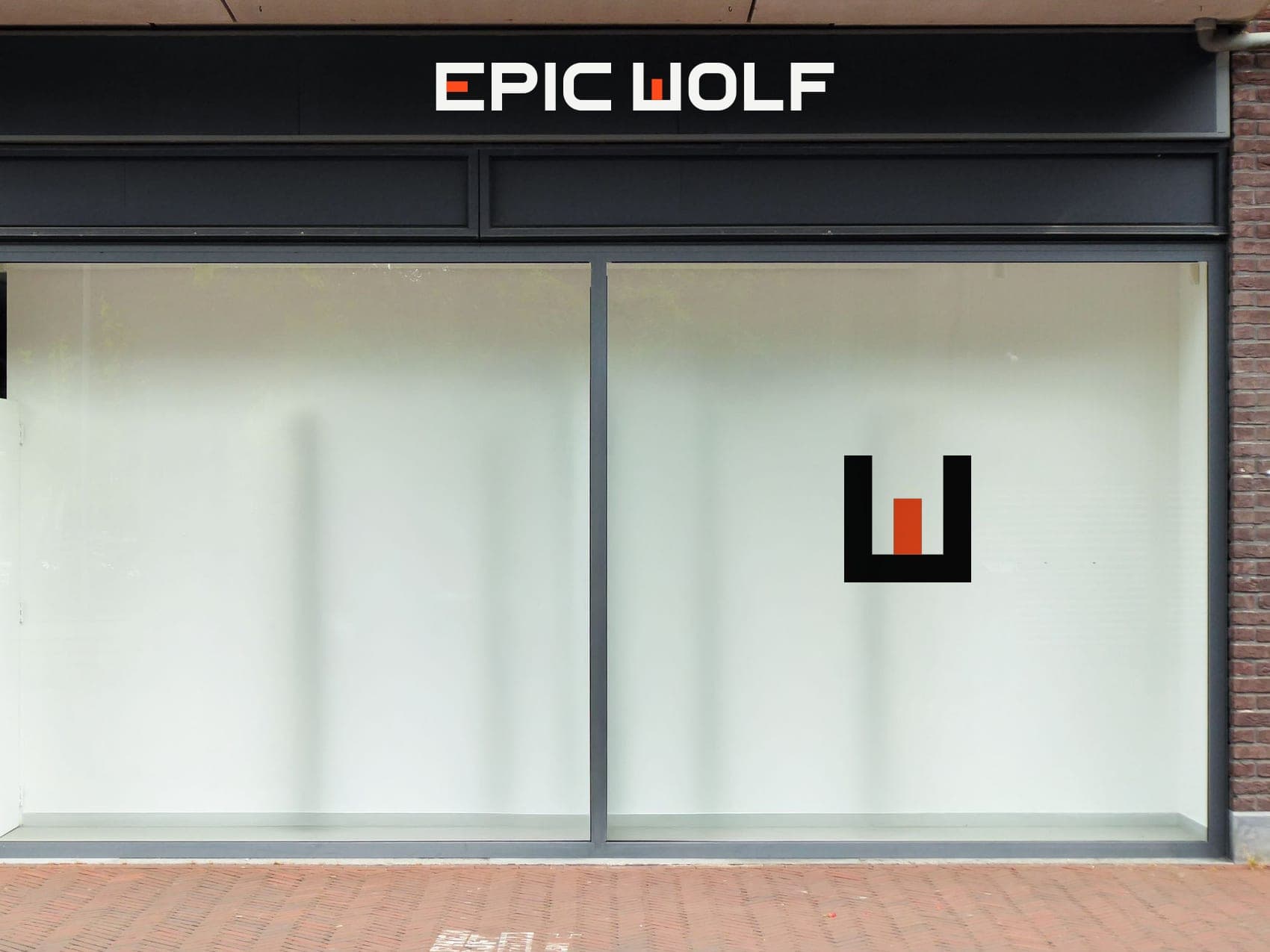 The Epic Wolf wordmark on a storefront sign band