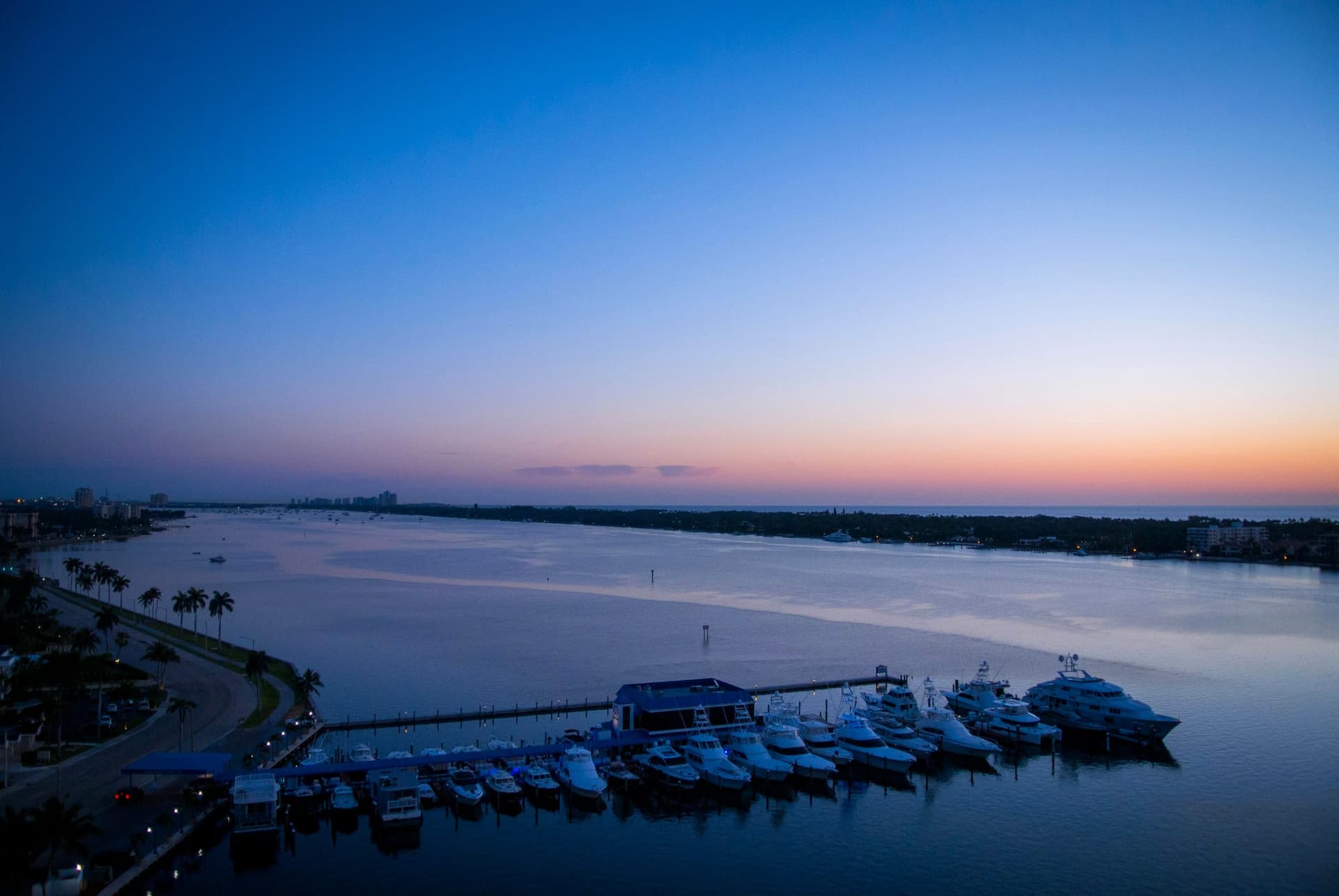The West Palm Beach marina from above at blue hour